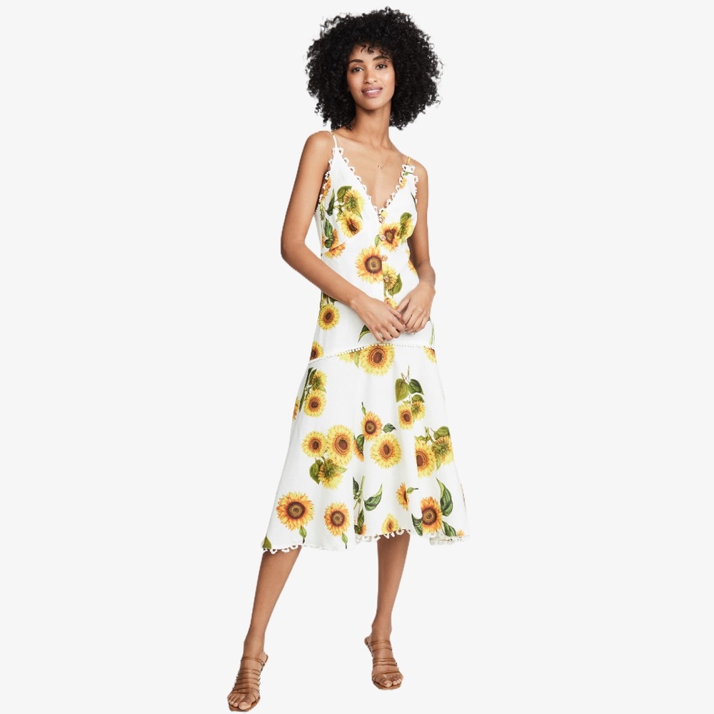 Farm Rio Sunflower Lace Trim Linen-Blend Dress